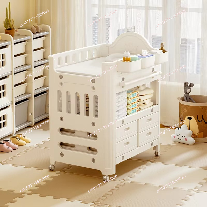 Baby Products Storage Box - 2in1ベビー多機能ケアテーブル、ベージュクリーム色のプラスチック製おむつ交換台（収納ボックスとベビーベッド付き）