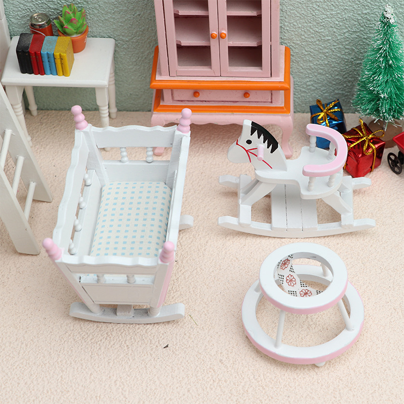 Baby Product - 3個セット 1/12スケール ミニ木製子供用ゆりかご 小型木製馬とゴーカート ベビーウォーカーモデル 6インチボディ用